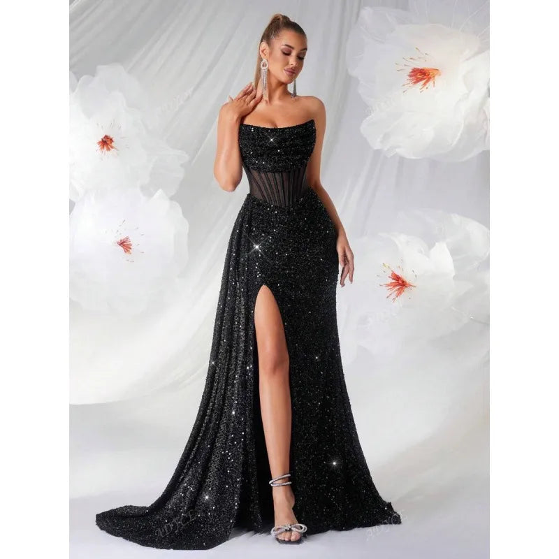 Robe Longue Femme Épaules Dénudées – Plissé Arête de Poisson et Découpes