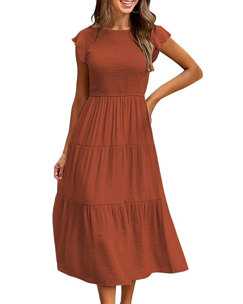 Robe Midi Femme en stretch, col rond, coupe fluide – Menvelo