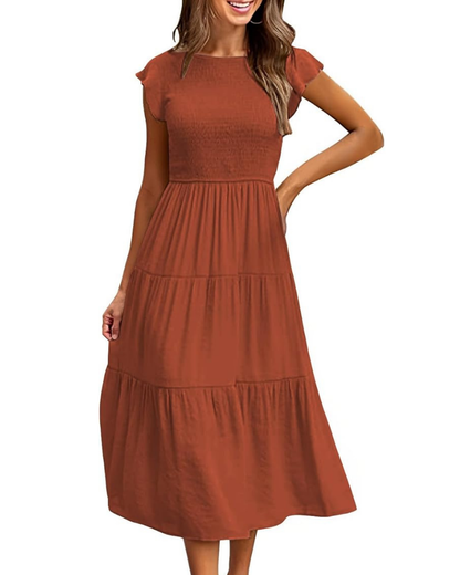 Robe Midi Femme en stretch, col rond, coupe fluide – Menvelo