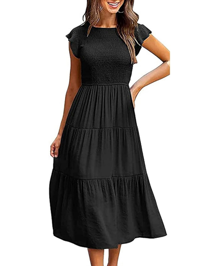Robe Midi Femme en stretch, col rond, coupe fluide – Menvelo