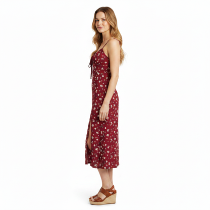 Robe Midi Femme Fleurie – Bretelles Fines, Nœud et Fente Latérale
