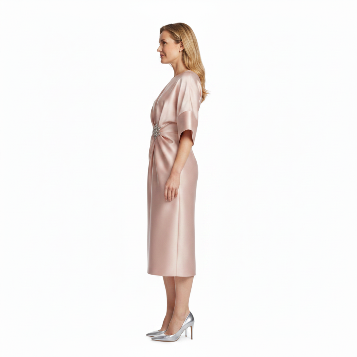 Robe Femme Midi Satinée – Manches Chauve-Souris & Drapé Bijou à la Taille