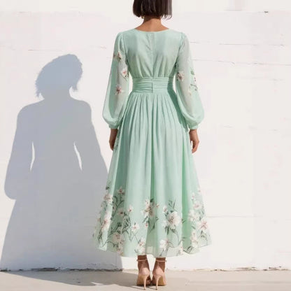 Robe Maxi Mousseline Femme – Manches Longues Coupe Évasée Plissée