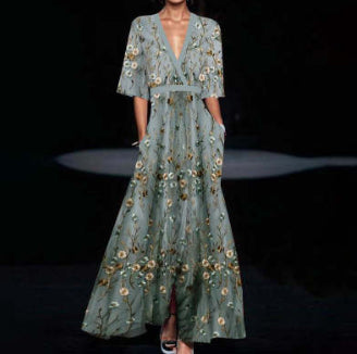 Robe maxi femme A-line à fleurs – Col V taille ajustée