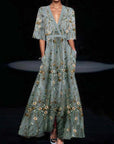 Robe maxi femme A-line à fleurs – Col V taille ajustée