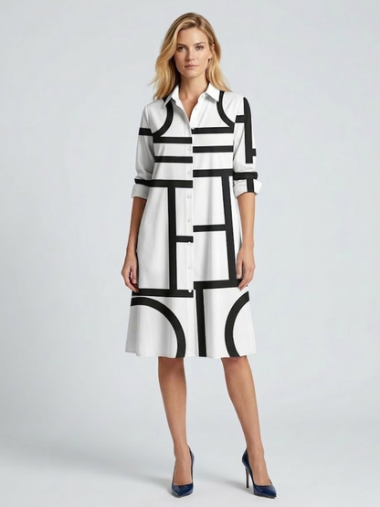 Robe Chemise Femme Imprimé Géométrique – Coupe Trapèze Midi