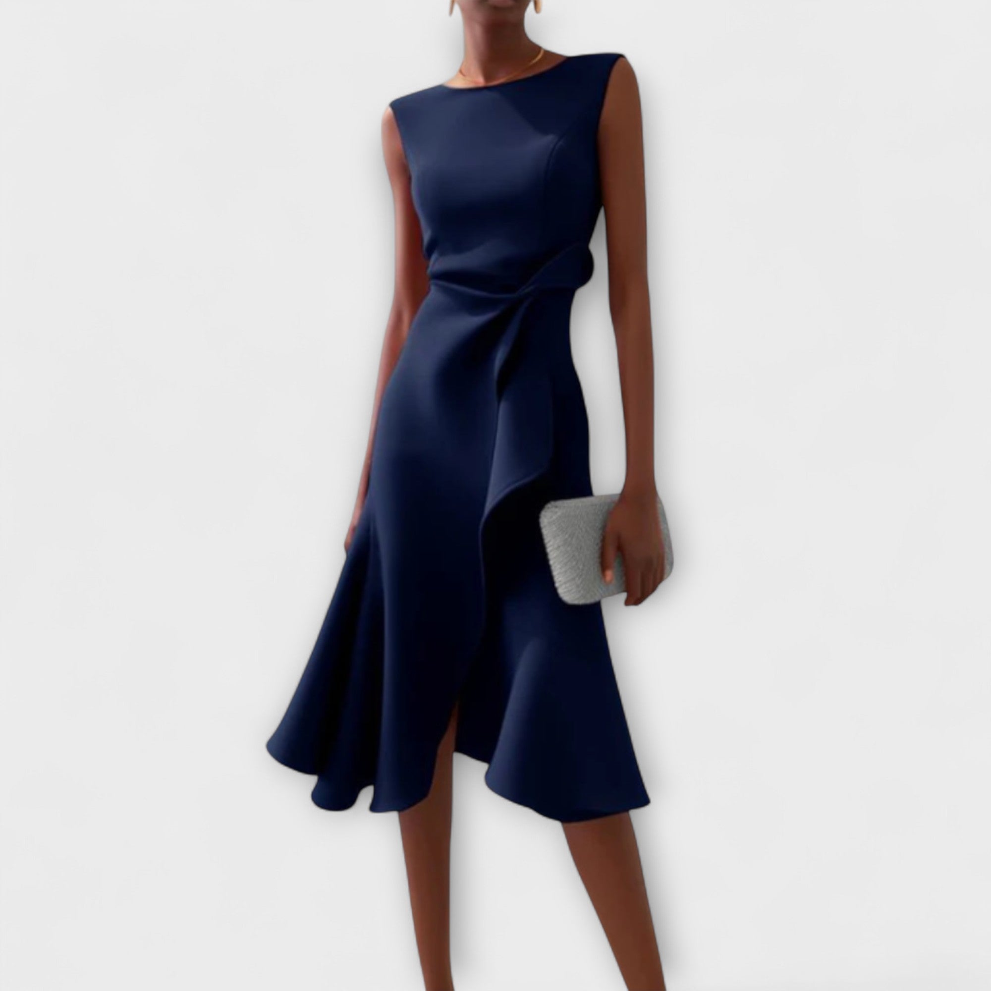 Robe Midi Structurée Sans Manches pour Femme – Col Rond Ourlet Évasé Ajusté