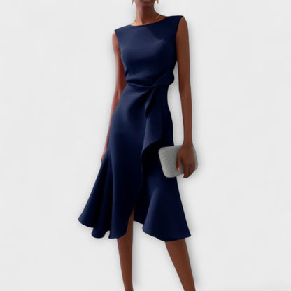 Robe Midi Structurée Sans Manches pour Femme – Col Rond Ourlet Évasé Ajusté