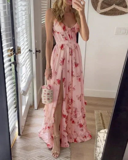 Robe Maxi Fleurie Femme à Lacets – Coupe Ajustée Fente Latérale