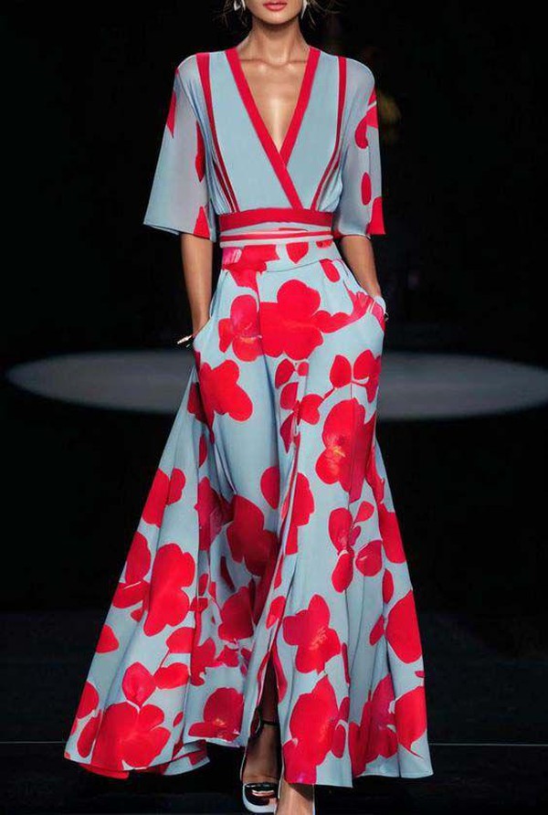 Robe maxi femme A-line à fleurs – Col V taille ajustée
