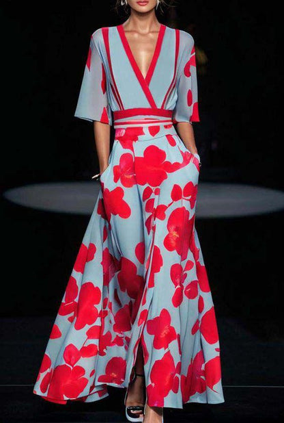 Robe maxi femme A-line à fleurs – Col V taille ajustée