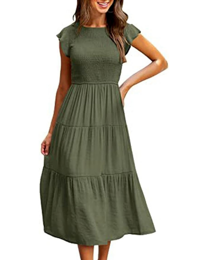 Robe Midi Femme en stretch, col rond, coupe fluide – Menvelo