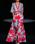Robe maxi femme A-line à fleurs – Col V taille ajustée