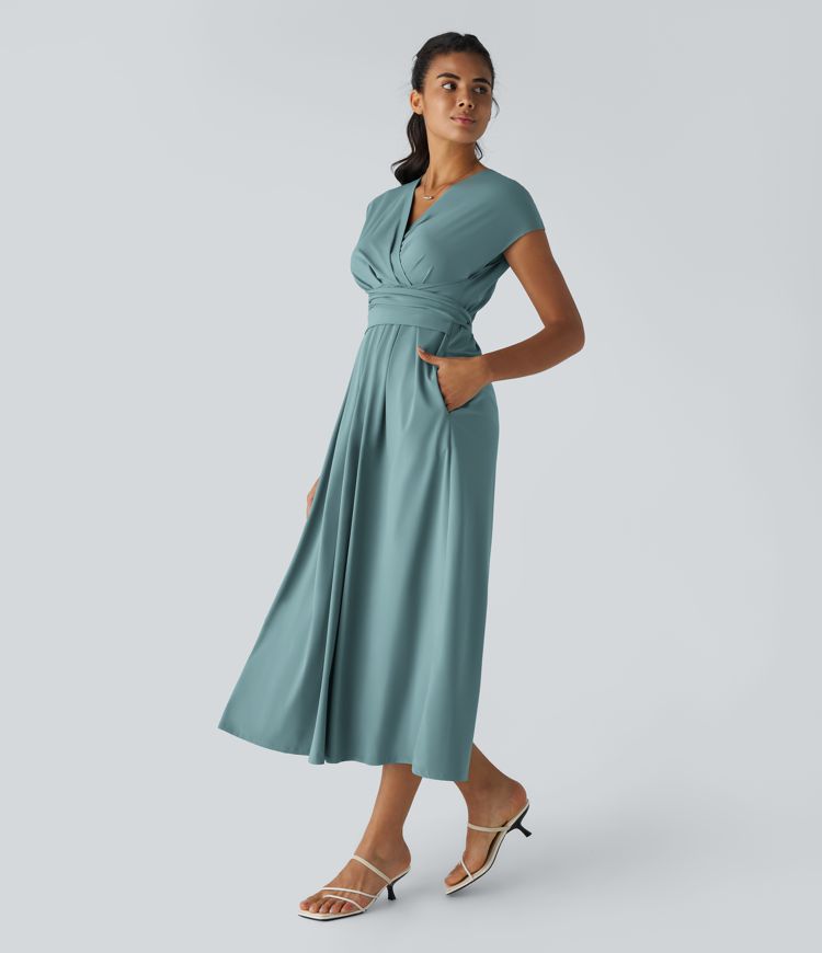 Robe Midi Légère à Col V pour Femme – Taille Élastique Coupe Évasée