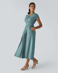 Robe Midi Légère à Col V pour Femme – Taille Élastique Coupe Évasée