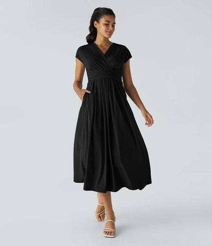 Robe Midi Légère à Col V pour Femme – Taille Élastique Coupe Évasée