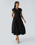 Robe Midi Légère à Col V pour Femme – Taille Élastique Coupe Évasée