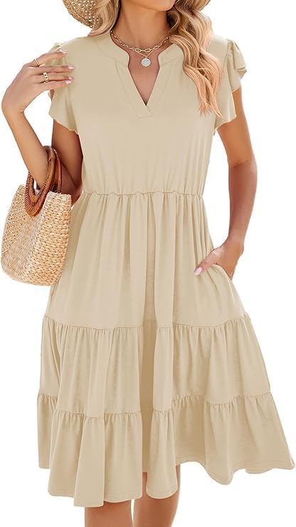 Robe Midi Femme en tissu léger, col V, coupe fluide – Menvelo