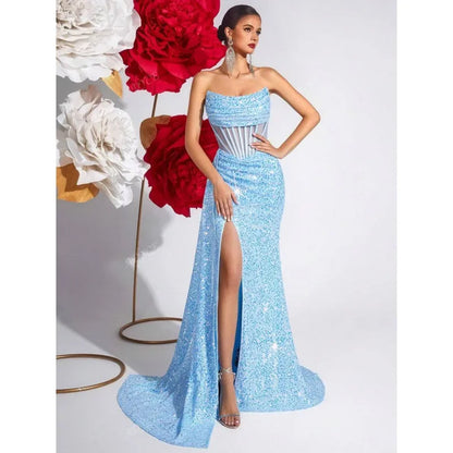 Robe Longue Femme Épaules Dénudées – Plissé Arête de Poisson et Découpes