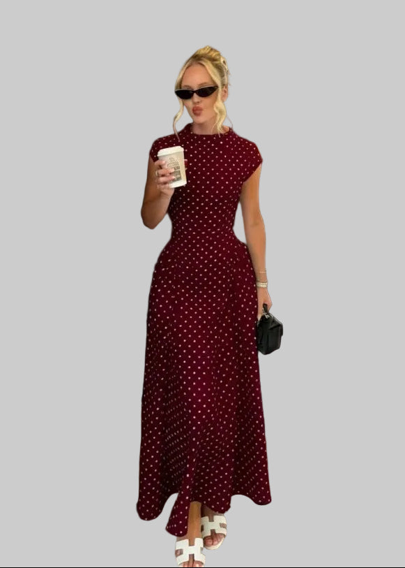 Robe Longue Femme à Pois – Col Haut Manches Courtes Coupe A-Line