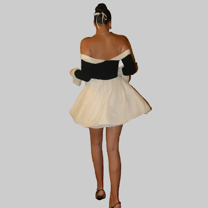 Robe Mini Femme en tissu léger, épaules dénudées, coupe fluide – Menvelo