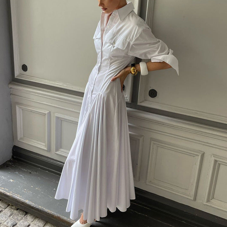 Robe Chemise Maxi Coton Blanc Femme – Manches Longues Coupe Évasée Plissée