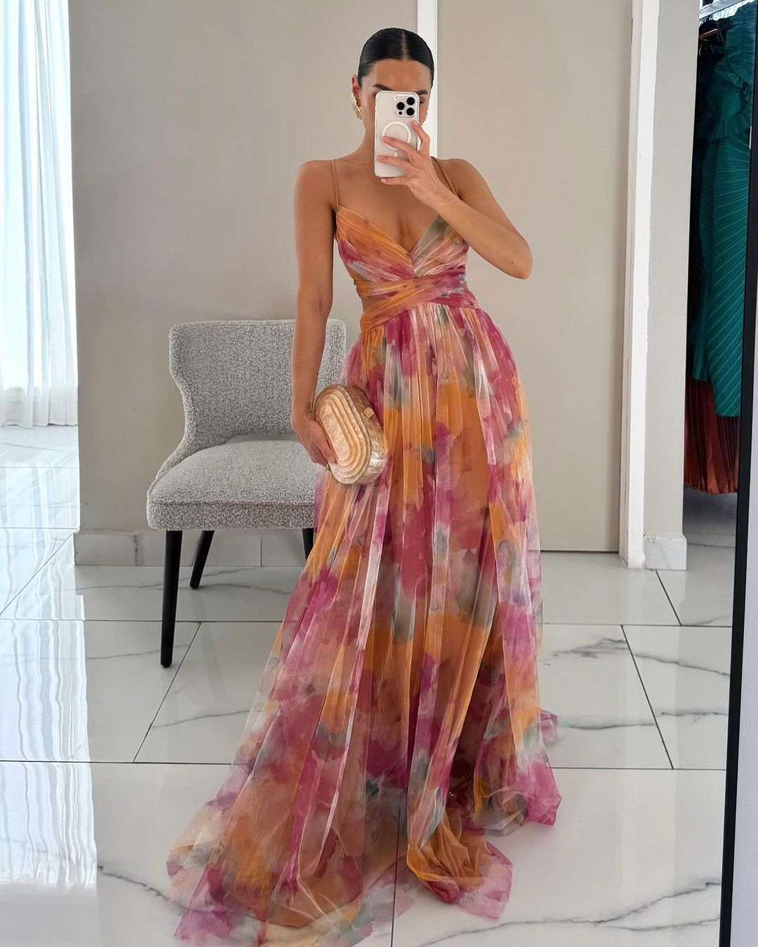 Robe maxi femme en mesh floral – Buste ajusté jupe fluide