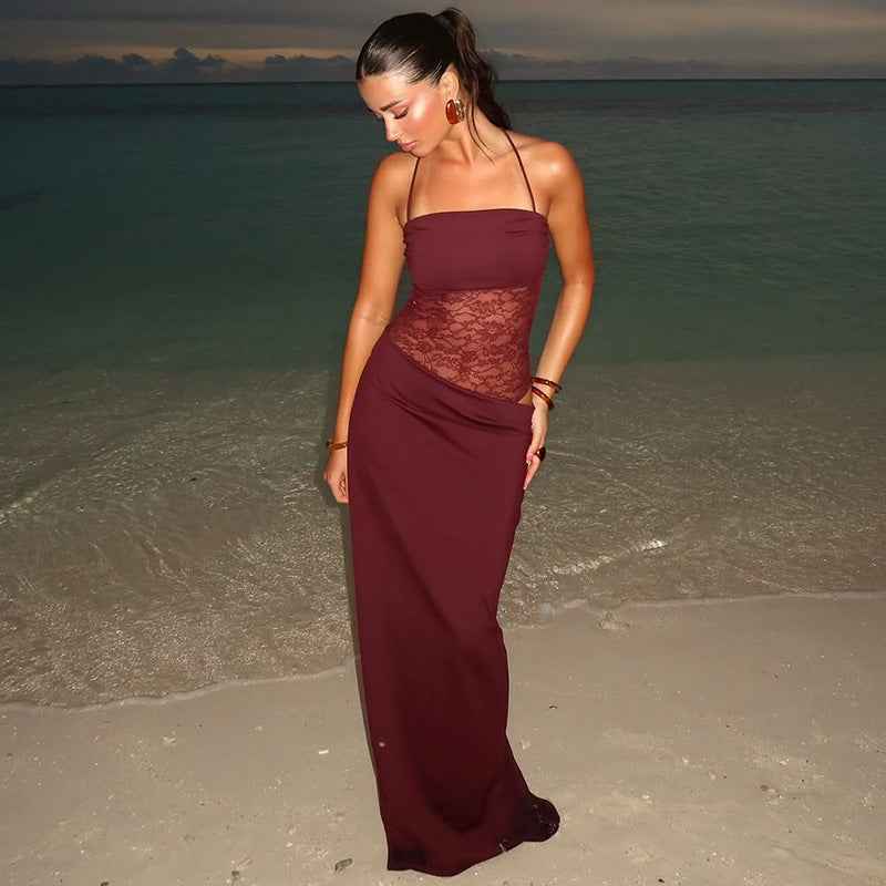 Robe Maxi à Empiècements en Dentelle Femme – Sans Manches Coupe Ajustée Évasée