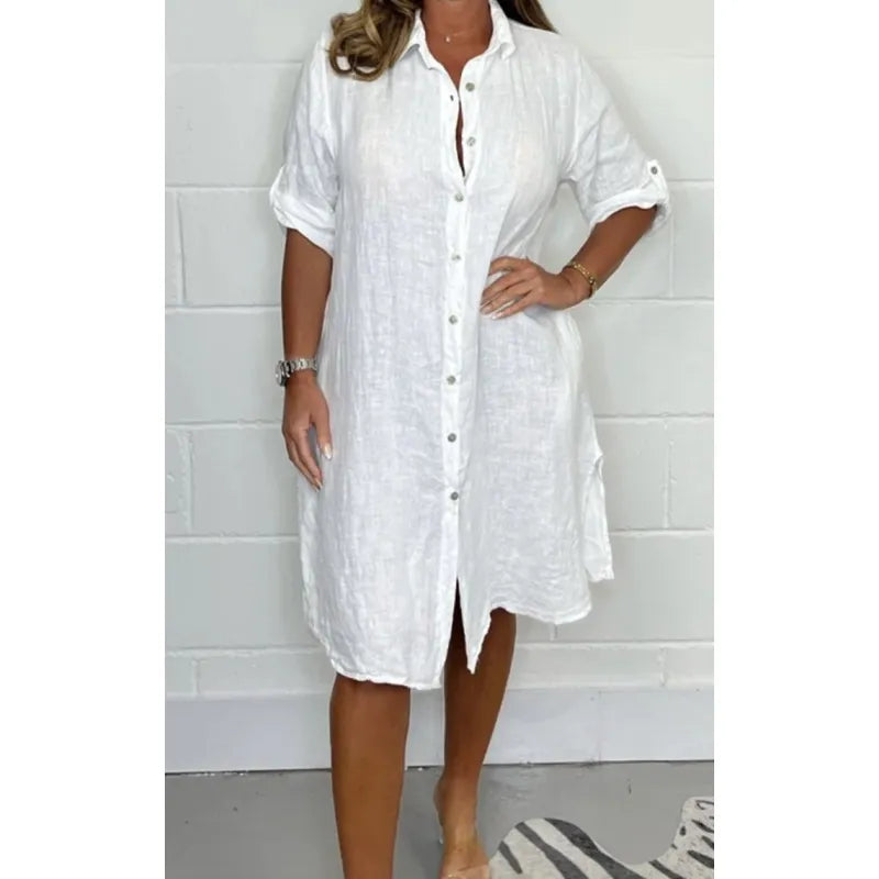 Robe Midi Femme en Coton-Lin – Coupe Décontractée Boutonnée