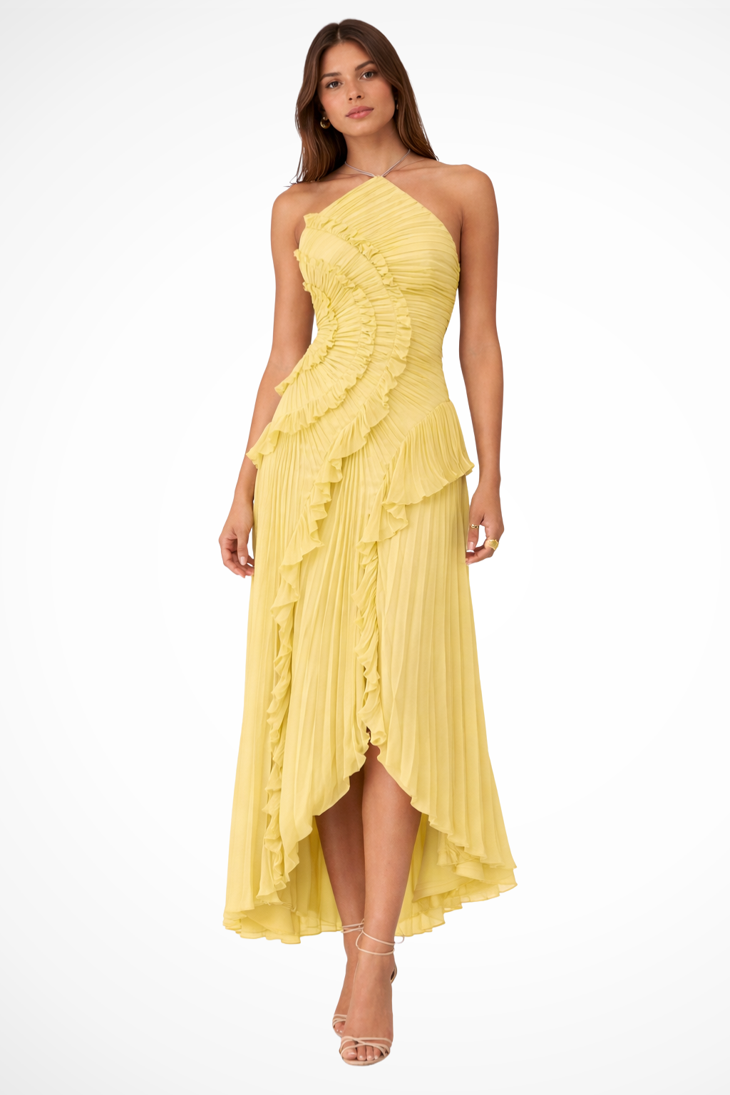 Robe Longue Femme à Dos Nu et Col Licou – Volants Asymétriques