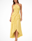 Robe Longue Femme à Dos Nu et Col Licou – Volants Asymétriques