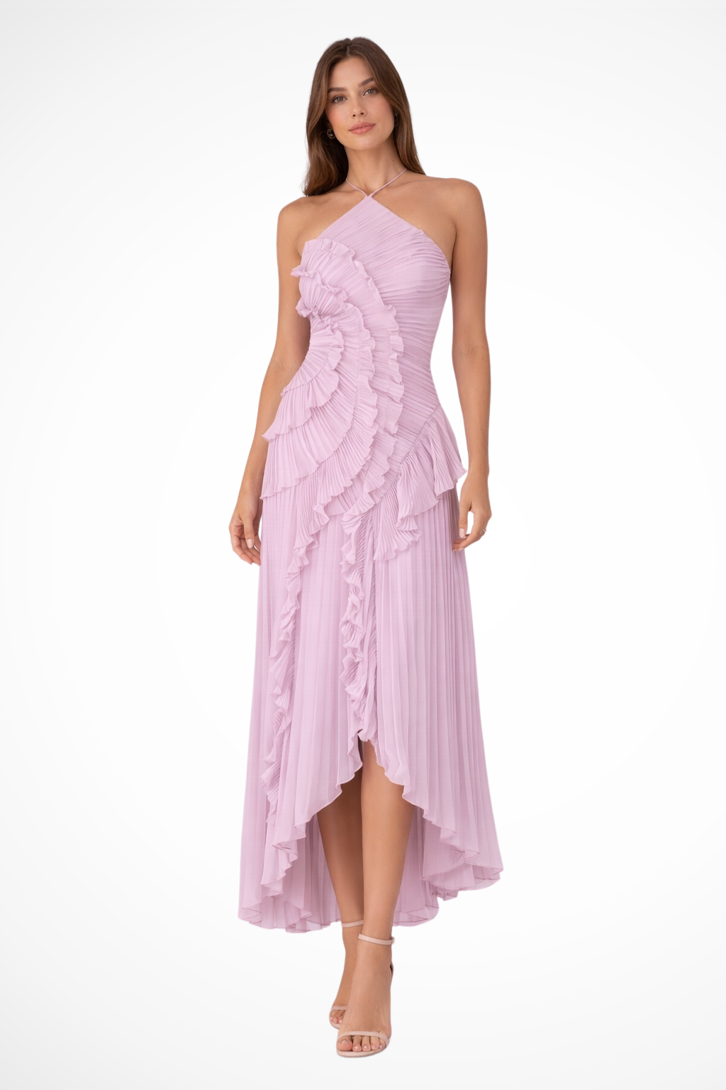 Robe Longue Femme à Dos Nu et Col Licou – Volants Asymétriques