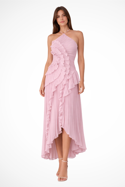 Robe Longue Femme à Dos Nu et Col Licou – Volants Asymétriques