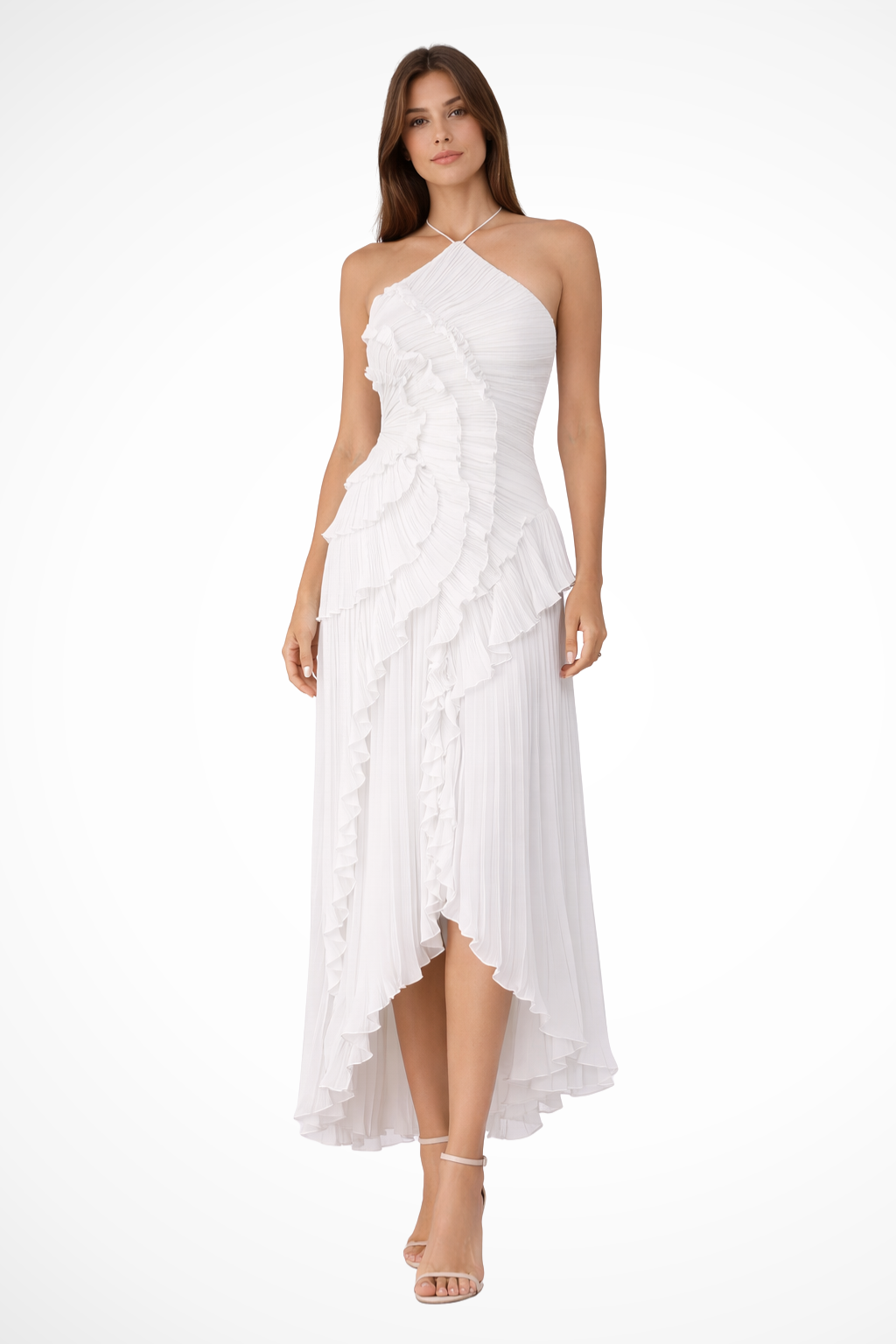 Robe Longue Femme à Dos Nu et Col Licou – Volants Asymétriques