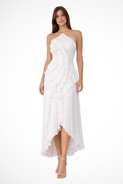 Robe Longue Femme à Dos Nu et Col Licou – Volants Asymétriques