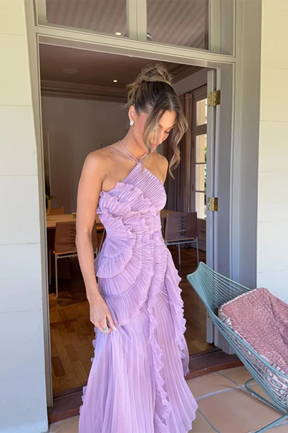 Robe Longue Femme à Dos Nu et Col Licou – Volants Asymétriques
