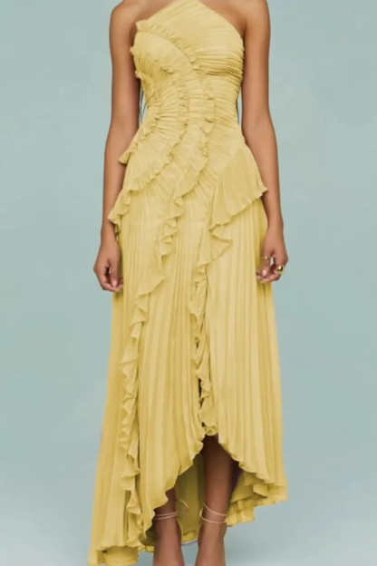 Robe Longue Femme à Dos Nu et Col Licou – Volants Asymétriques
