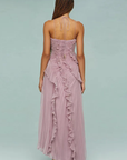 Robe Longue Femme à Dos Nu et Col Licou – Volants Asymétriques