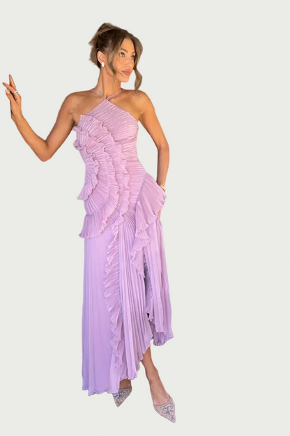 Robe Longue Femme à Dos Nu et Col Licou – Volants Asymétriques