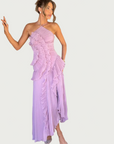 Robe Longue Femme à Dos Nu et Col Licou – Volants Asymétriques