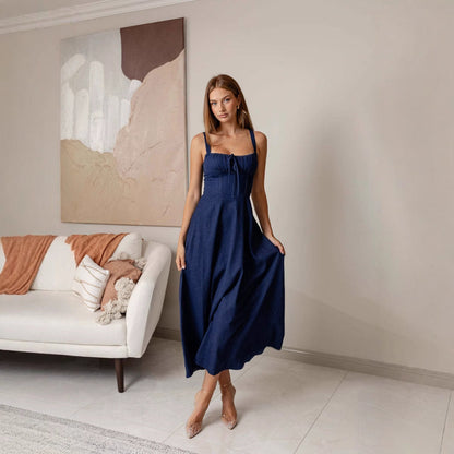 Robe midi femme à encolure carrée – silhouette trapèze effet corset