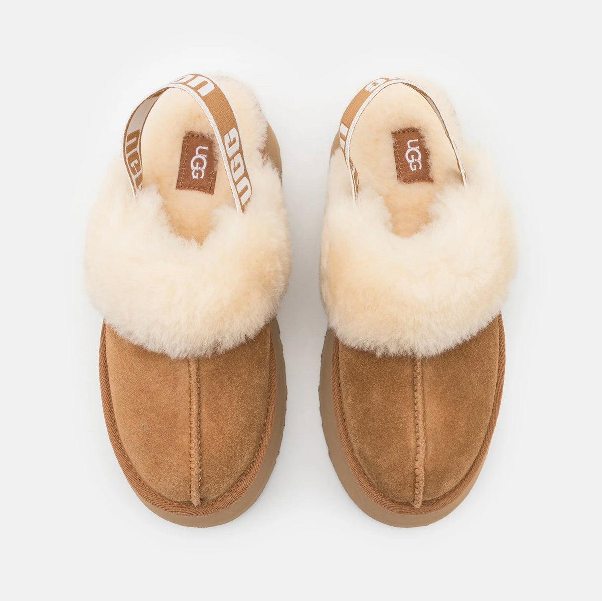UGG Funkette Chestnut sabots à plateforme femme en daim et peau de mouton marron chestnut, détail intérieur