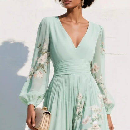 Robe Maxi Mousseline Femme – Manches Longues Coupe Évasée Plissée