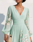 Robe Maxi Mousseline Femme – Manches Longues Coupe Évasée Plissée