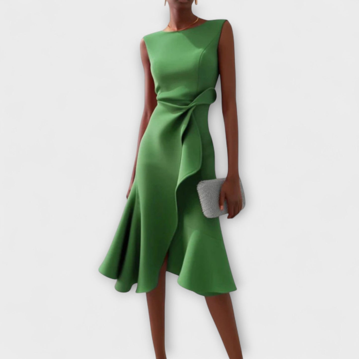 Robe Midi Structurée Sans Manches pour Femme – Col Rond Ourlet Évasé Ajusté