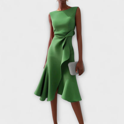 Robe Midi Structurée Sans Manches pour Femme – Col Rond Ourlet Évasé Ajusté