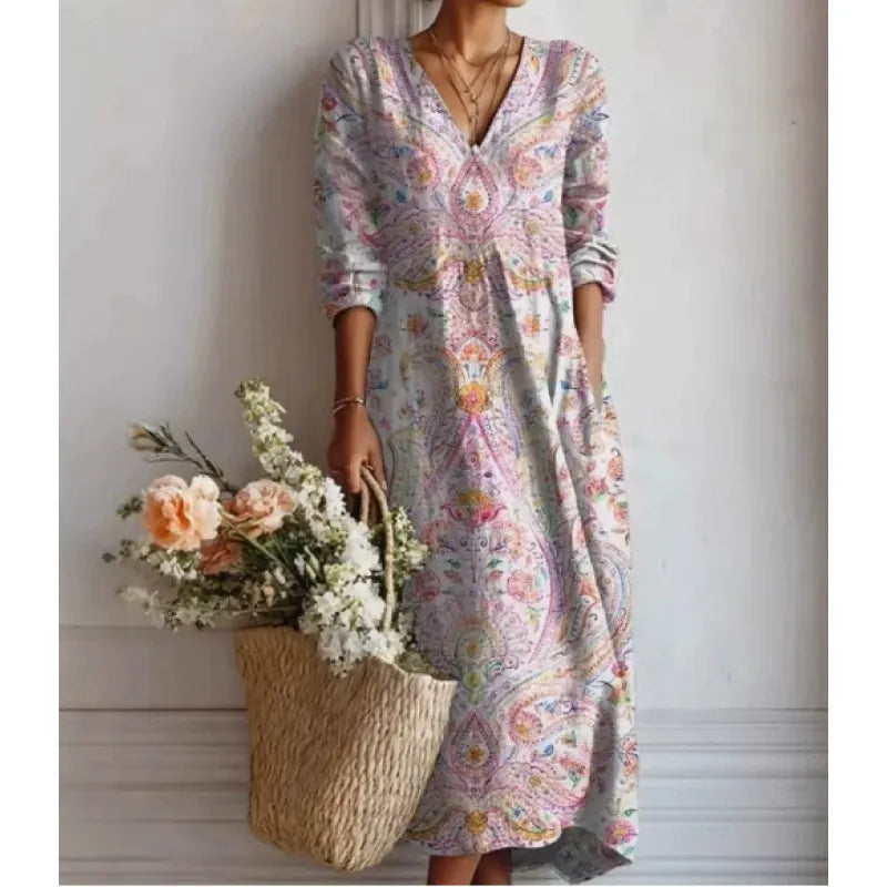 Robe Midi Femme Imprimée – Coupe Fluide et Col en V Bohème