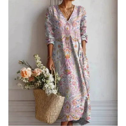 Robe Midi Femme Imprimée – Coupe Fluide et Col en V Bohème