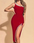 Robe Midi Femme Épaule Dénudée – Ornements en Cristaux Perlés et Fente