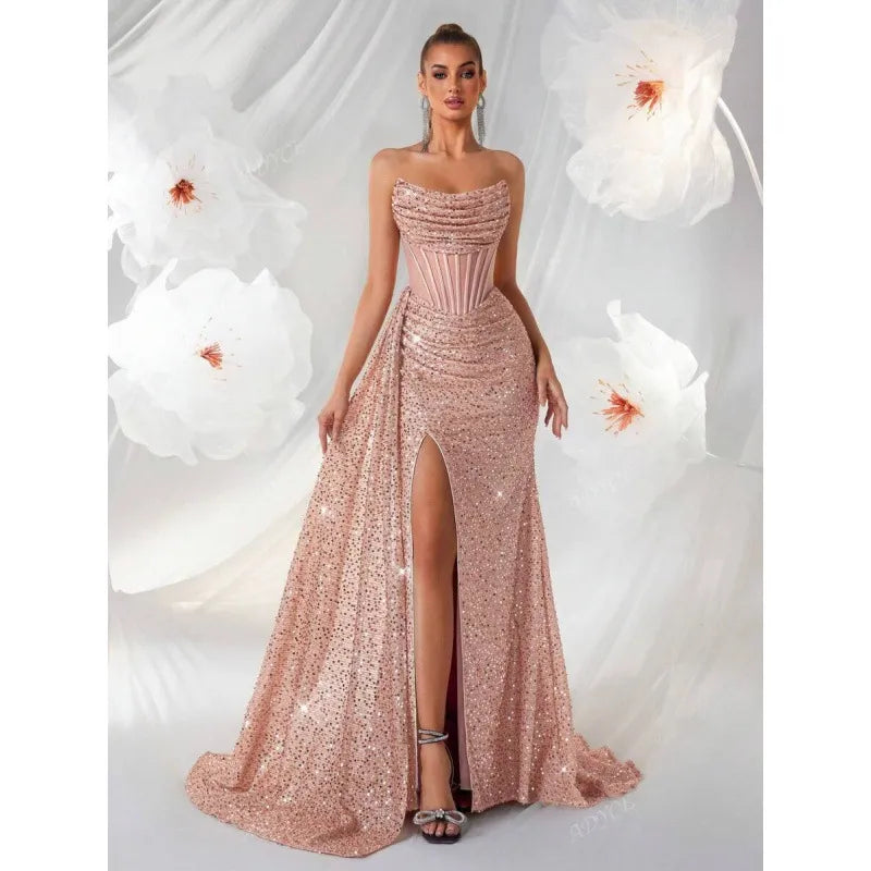 Robe Longue Femme Épaules Dénudées – Plissé Arête de Poisson et Découpes